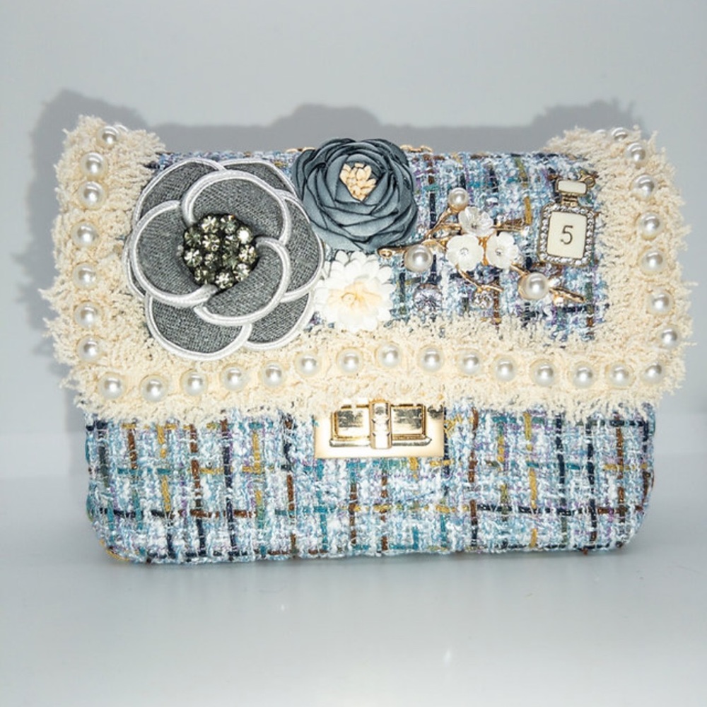 Blue Crossbody Bag with pearls and flowers NWT